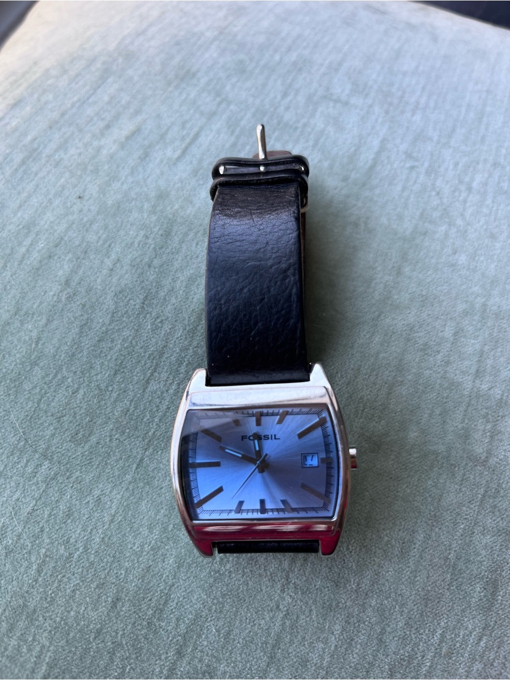 Fossil Silver Case Watch with Blue Dial and Black Leather Strap